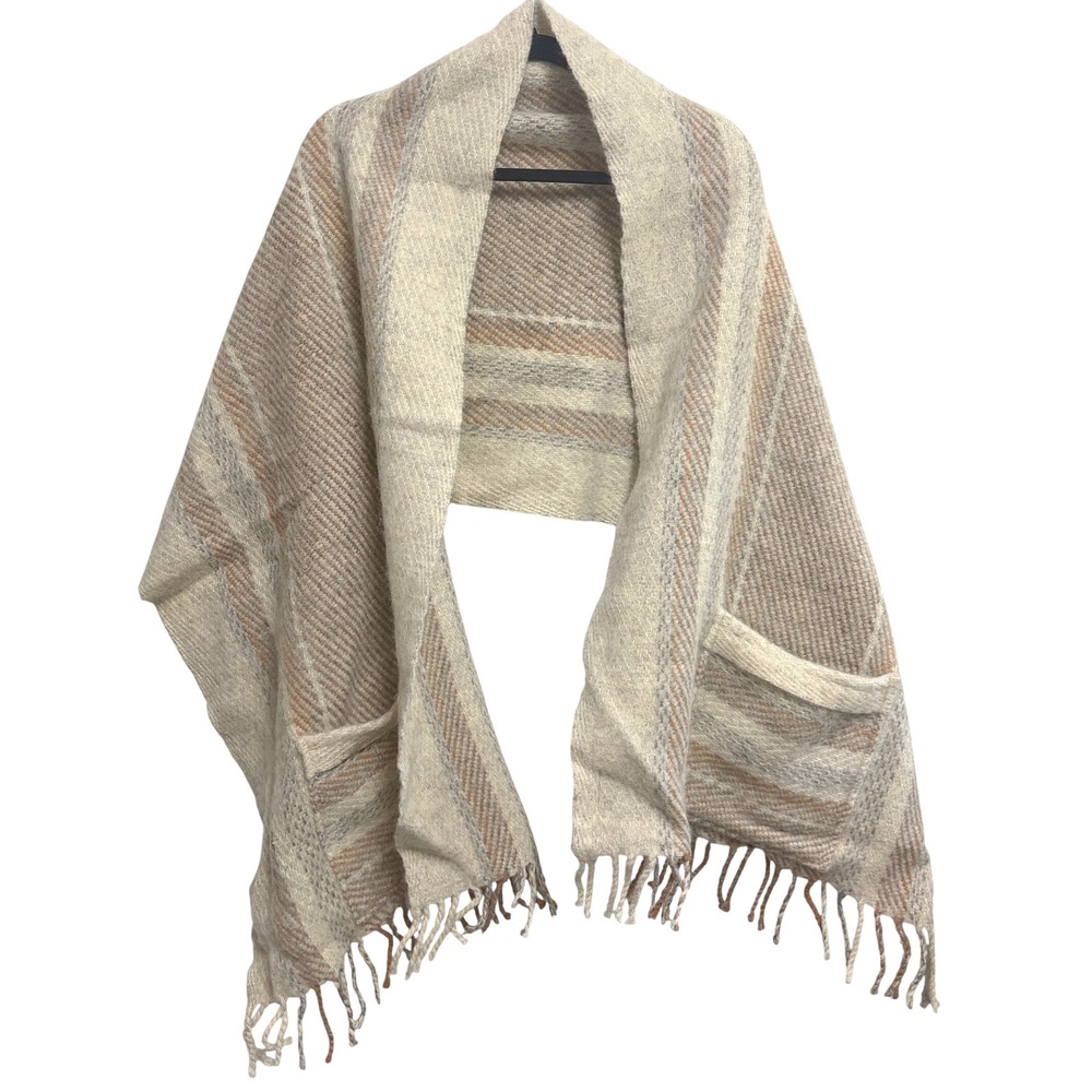 Viking Textile Forsbro Pure New Wool Pocket Shawl Wrap Beige Stripe Fringed OS